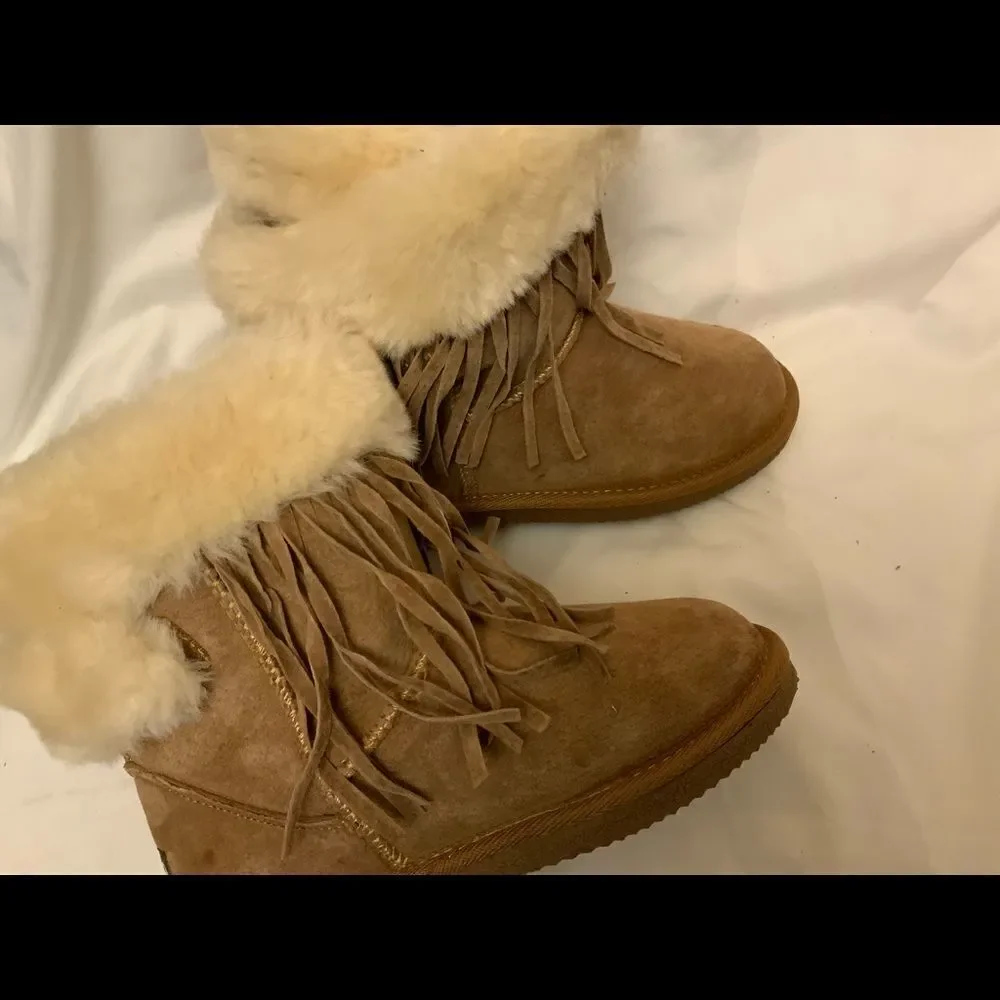 LAM Girls Brown Boots Frill Tassels Faux Fur Size 2 Y Suede Leather Booties